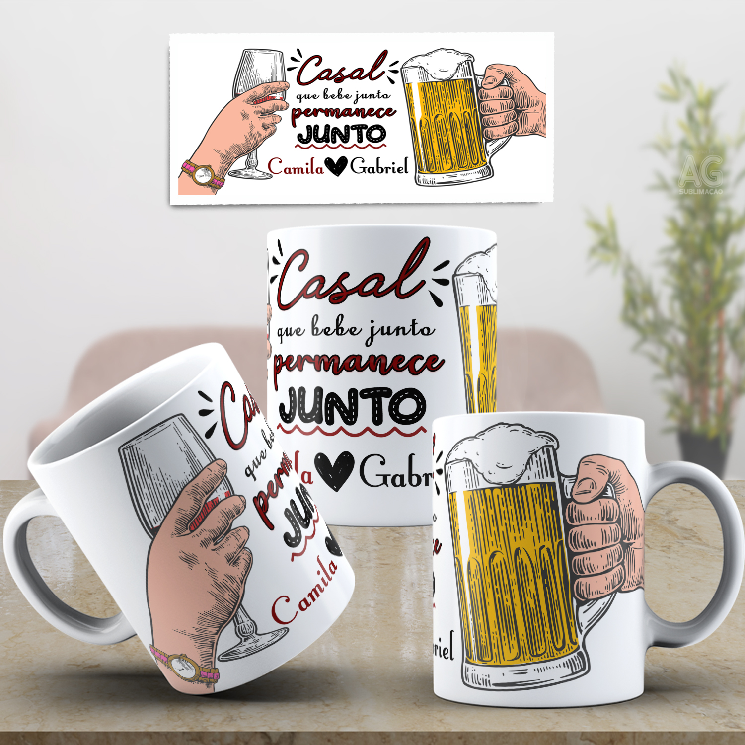 Caneca Personalizada de Porcelana - Namorados - Casal que bebe junta, permanece junto