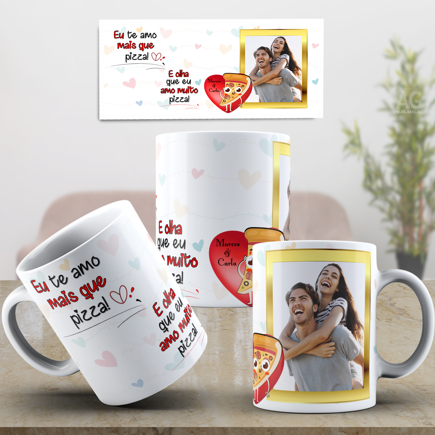 Caneca Personalizada de Porcelana - Namorados -  Eu te amo mais que PIZZA com Foto