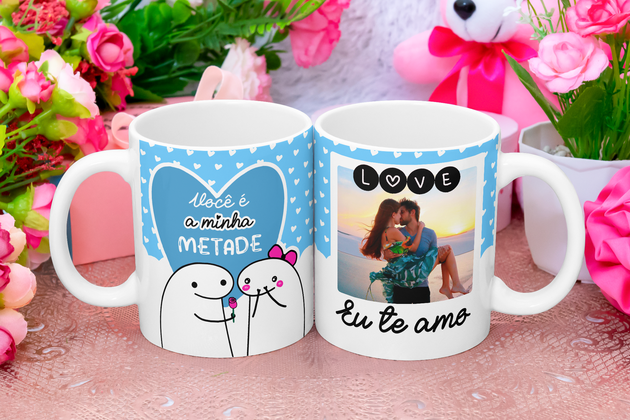 Caneca Personalizada de Porcelana - Namorados - Você é minha metade -Rosa com foto