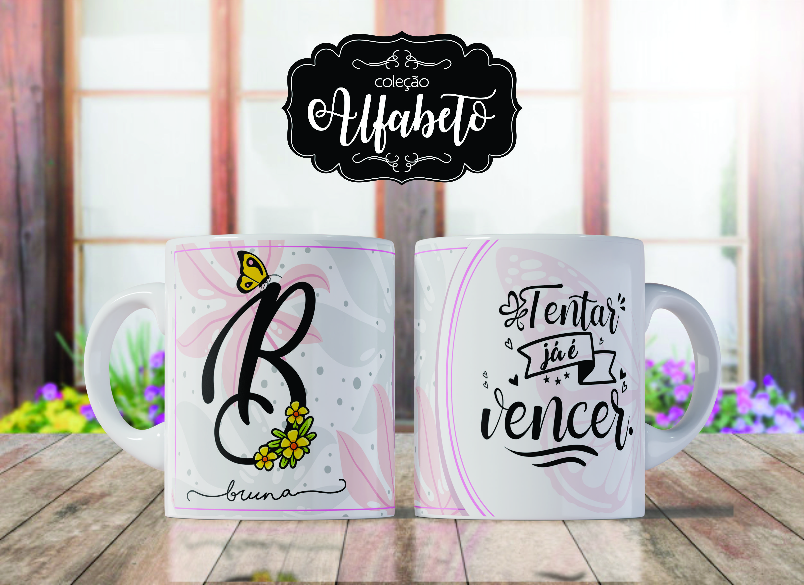 Caneca de Porcelana Personalizada Letra B Modelo: Borboletas