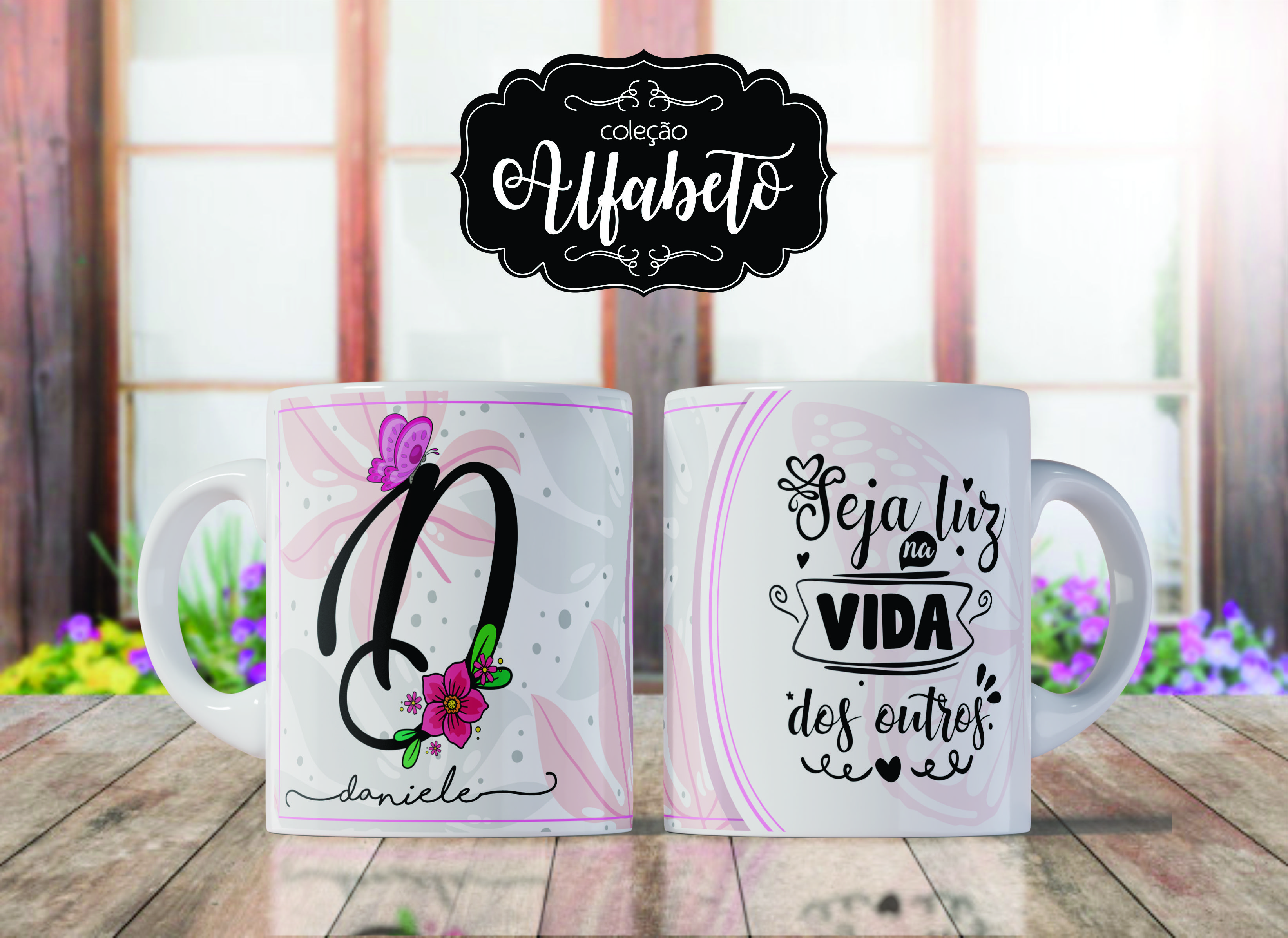 Caneca de Porcelana Personalizada Letra D Modelo: Borboletas