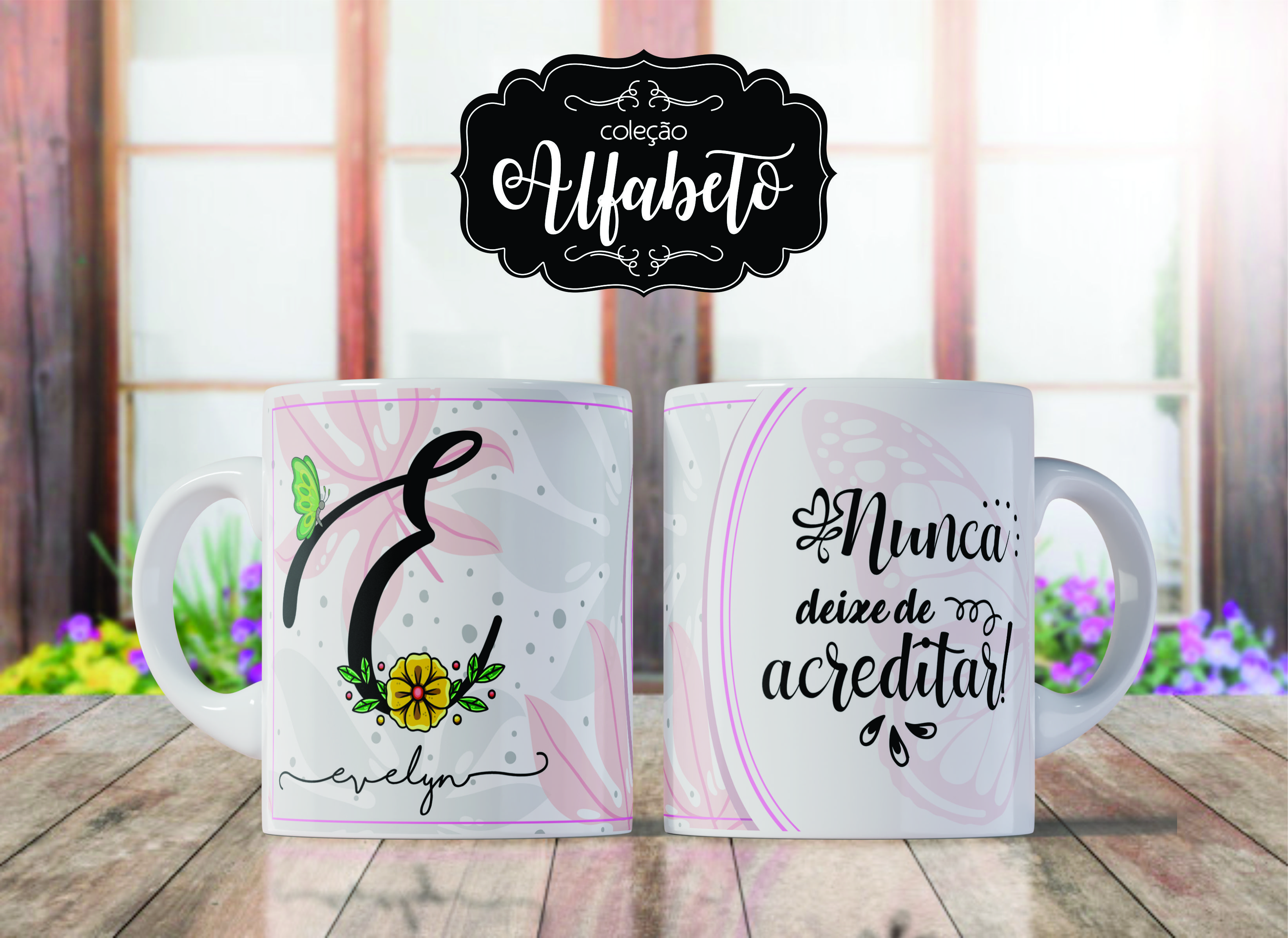 Caneca de Porcelana Personalizada Letra E Modelo: Borboletas