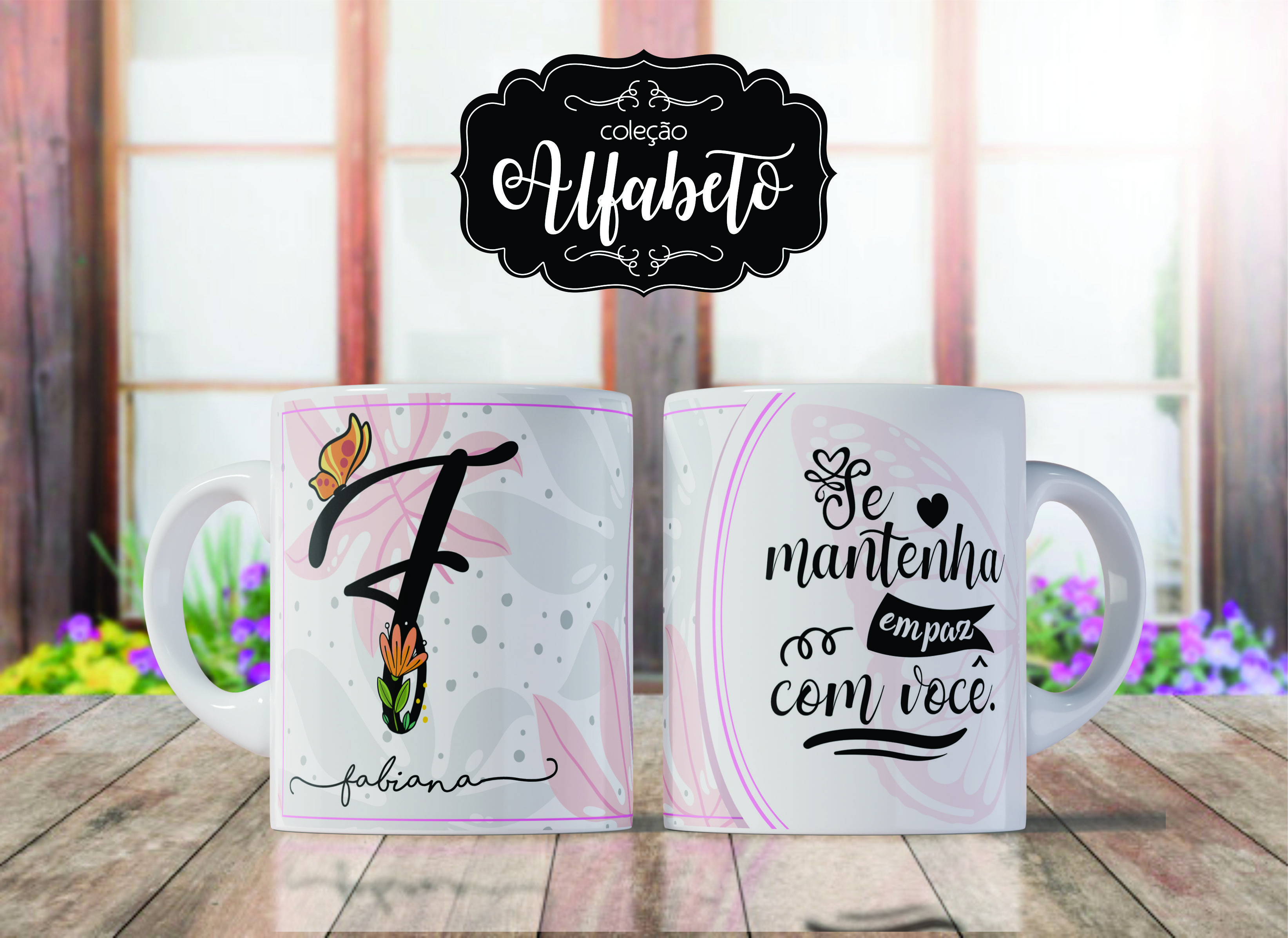 Caneca de Porcelana Personalizada Letra F Modelo: Borboletas