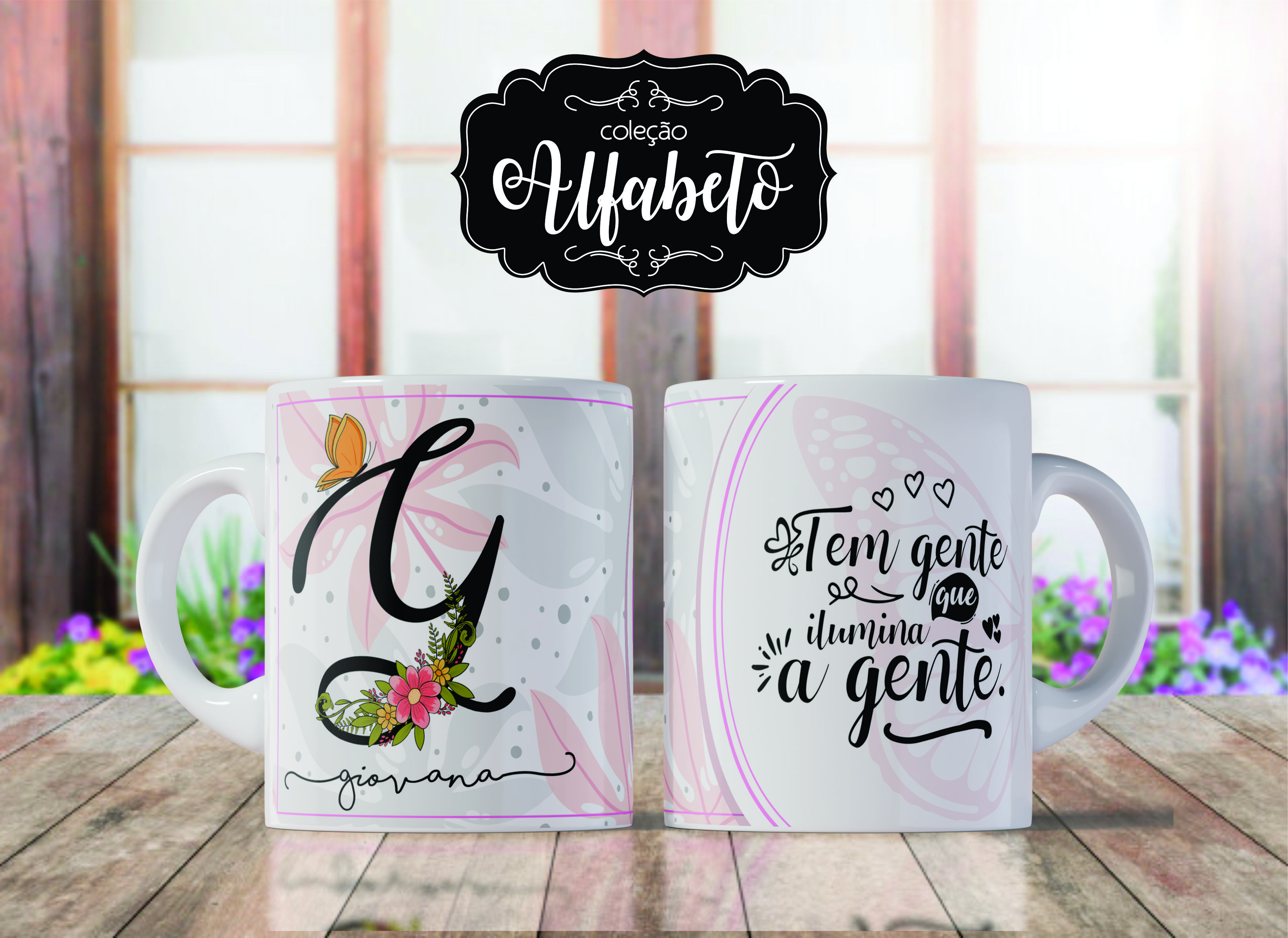 Caneca de Porcelana Personalizada Letra G Modelo: Borboletas