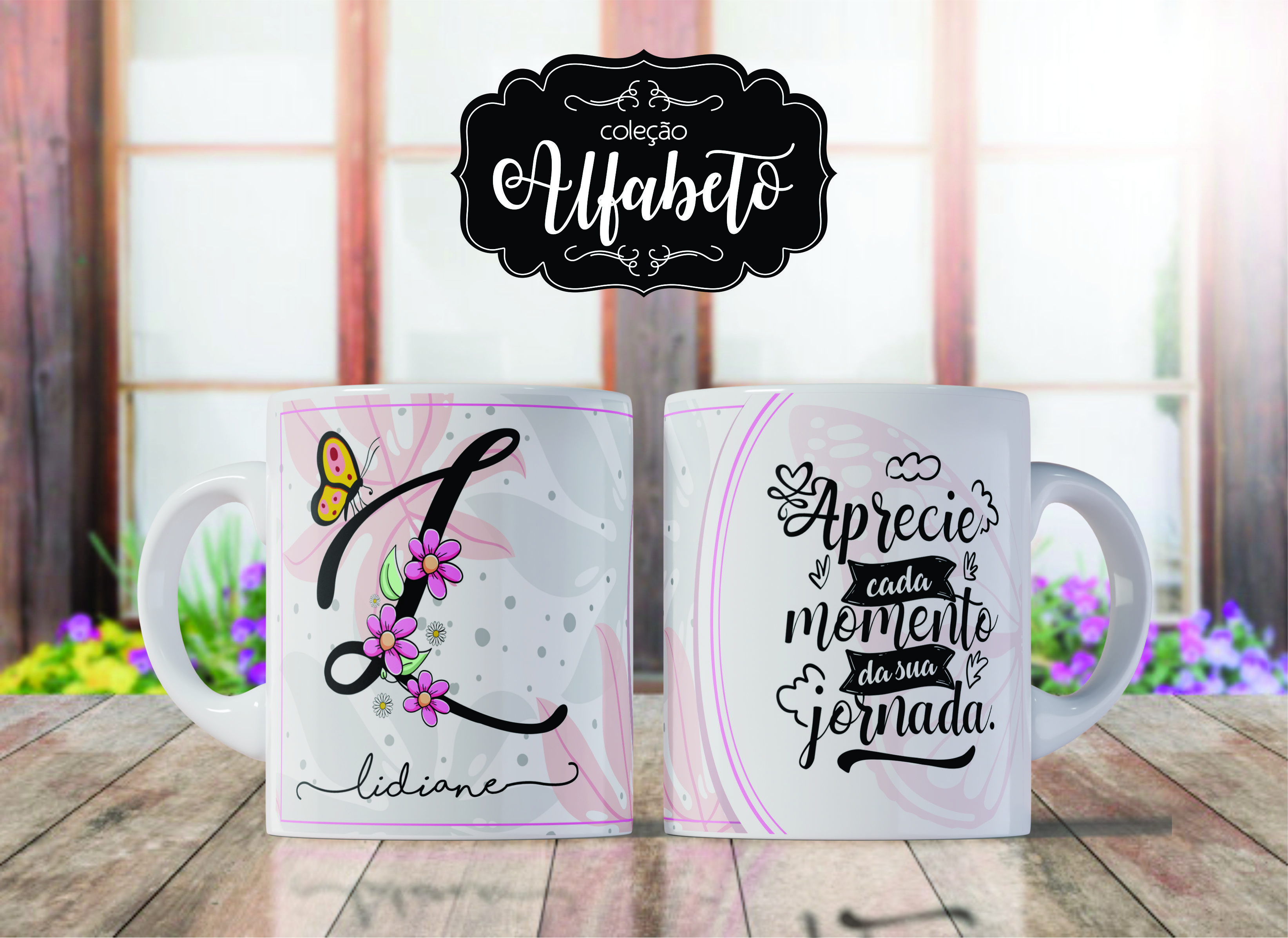 Caneca de Porcelana Personalizada Letra L Modelo: Borboletas