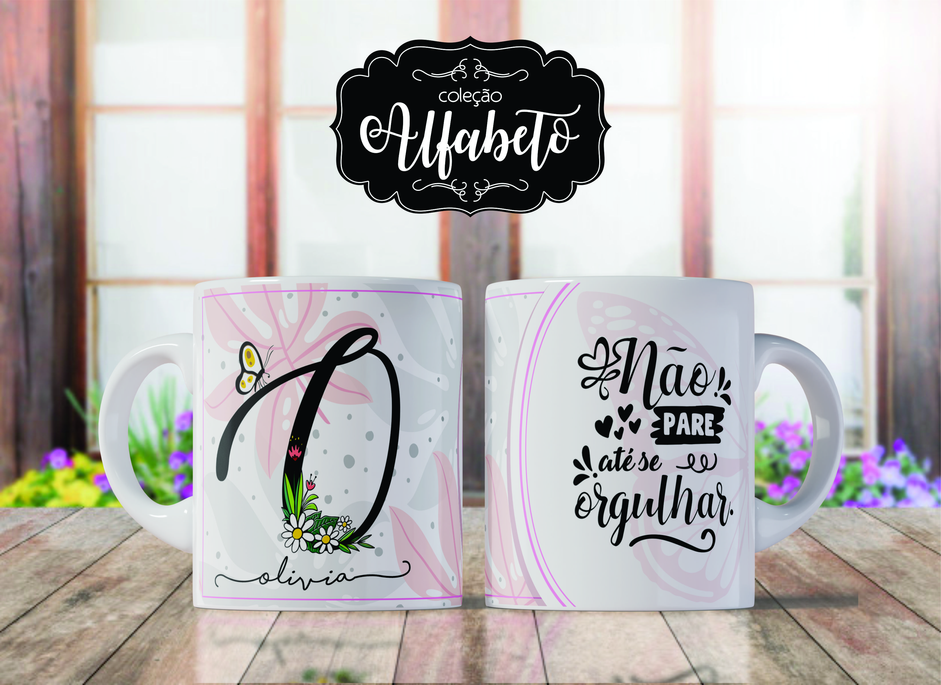Caneca de Porcelana Personalizada Letra O Modelo: Borboletas