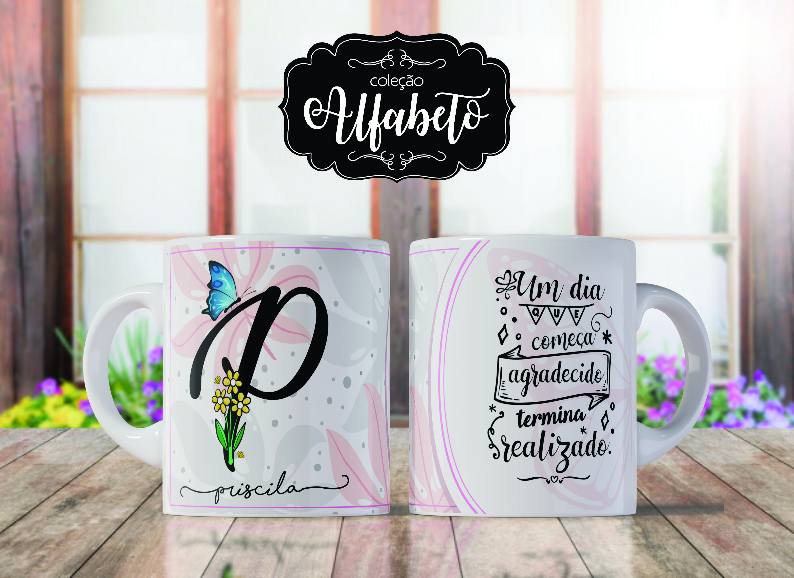 Caneca de Porcelana Personalizada Letra P Modelo: Borboletas
