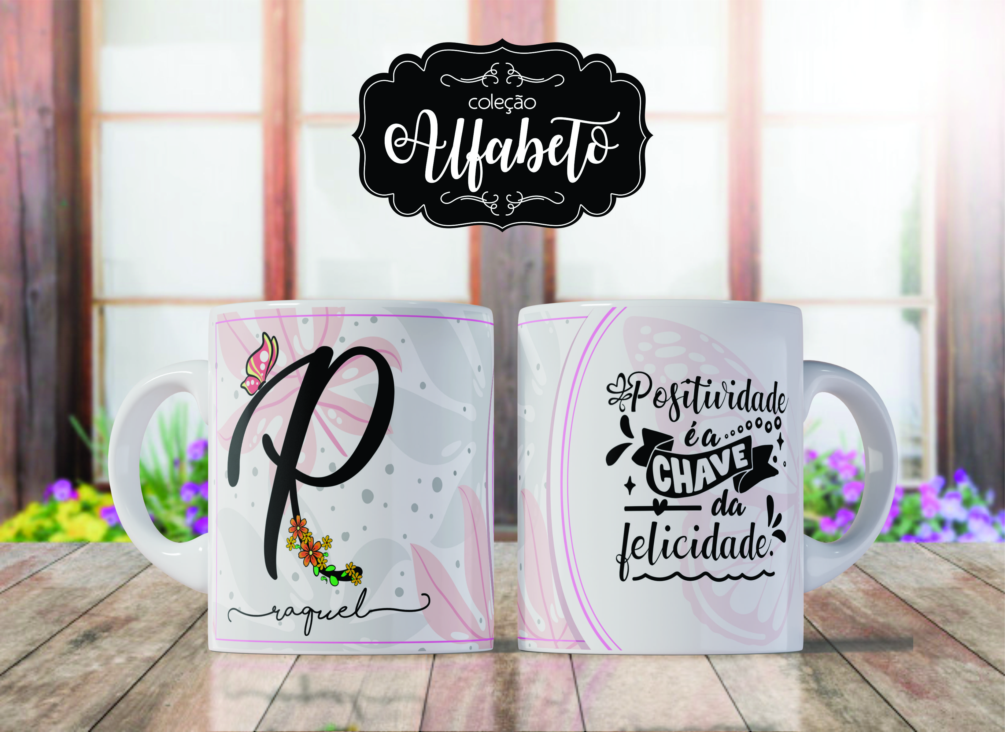Caneca de Porcelana Personalizada Letra R Modelo: Borboletas