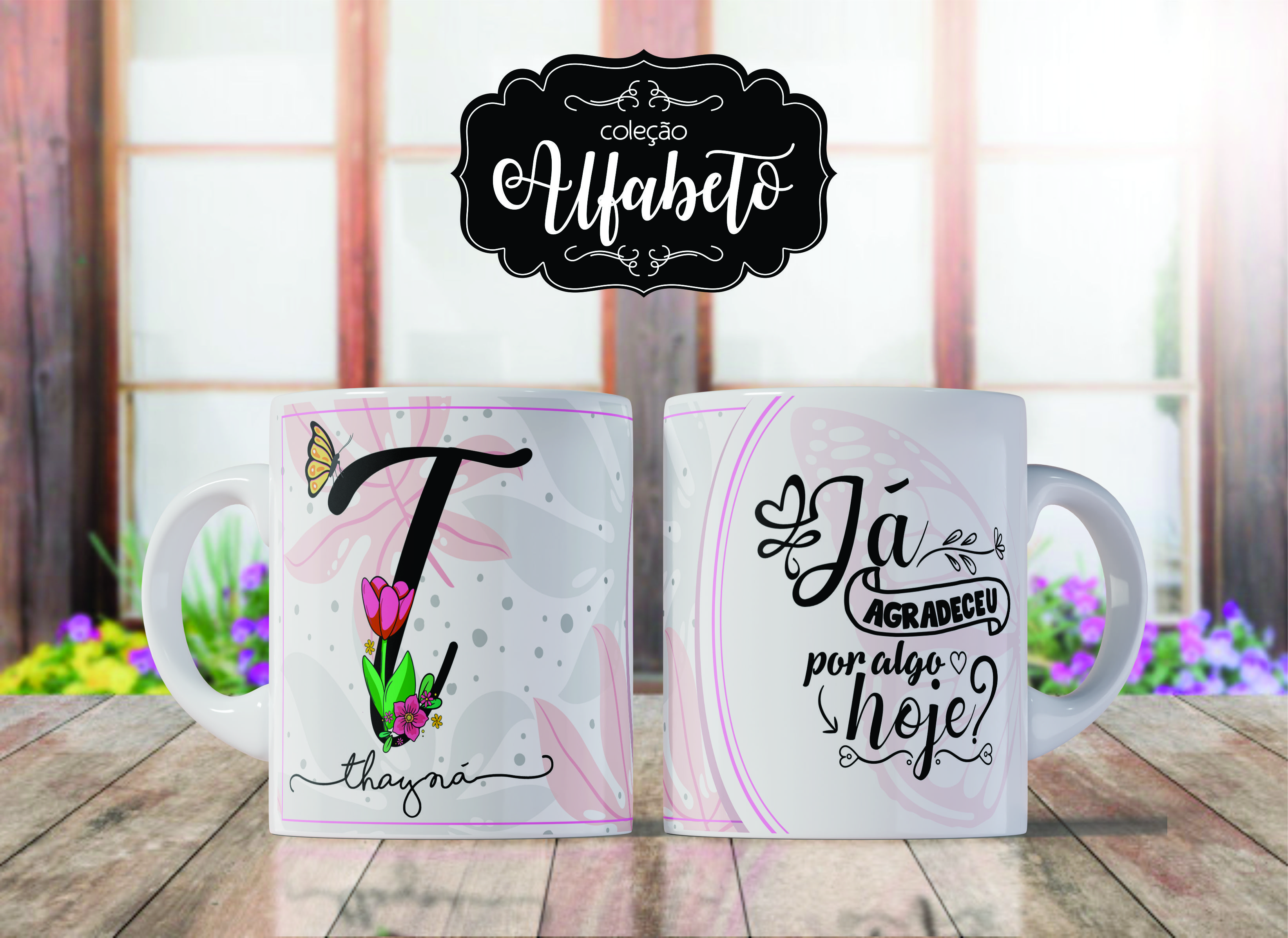 Caneca de Porcelana Personalizada Letra T Modelo: Borboletas