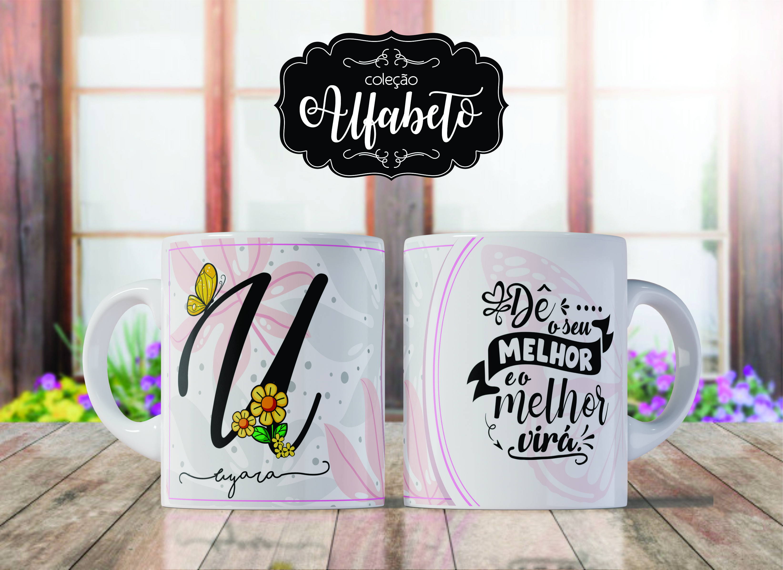 Caneca de Porcelana Personalizada Letra U Modelo: Borboletas