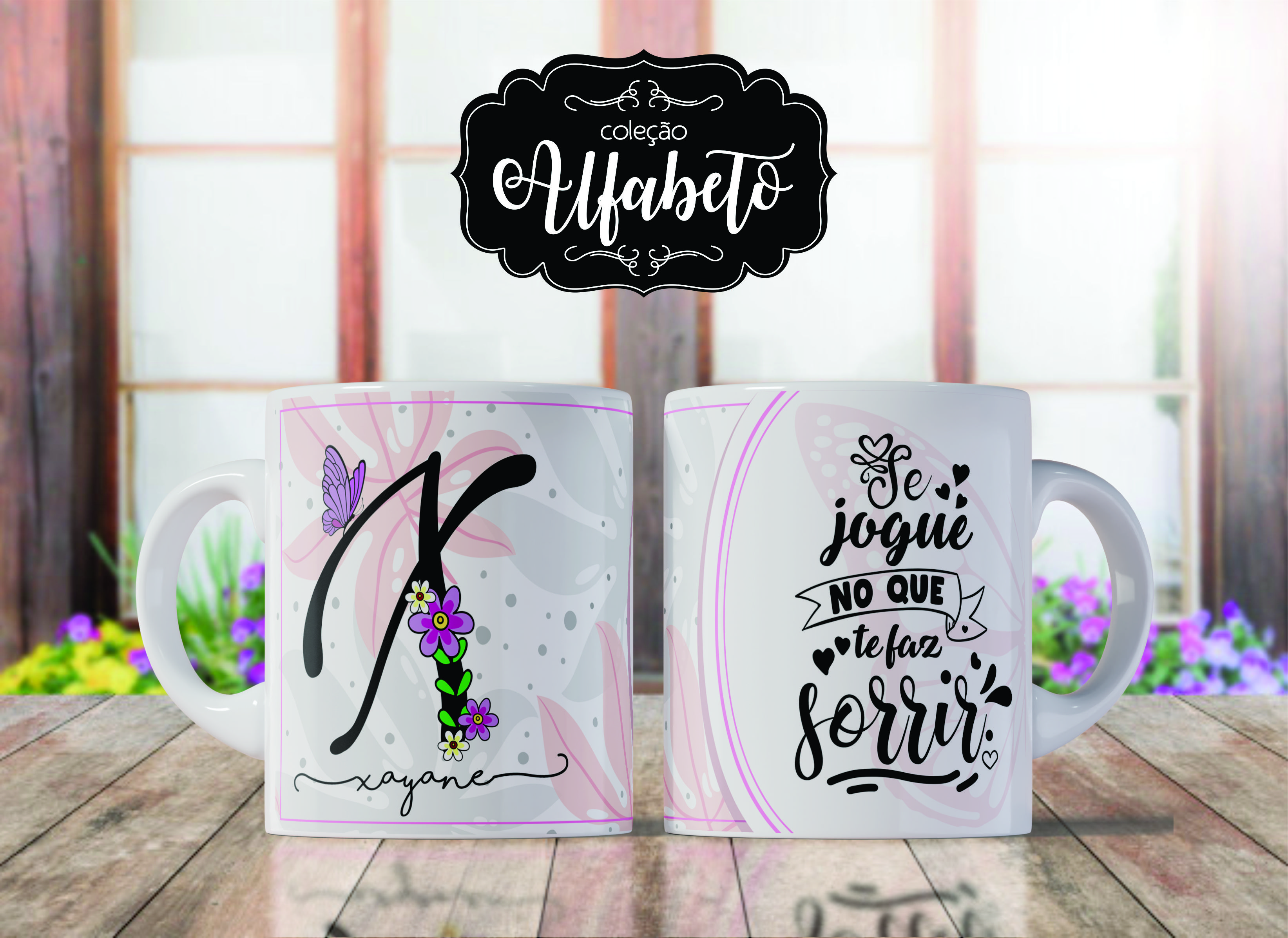 Caneca de Porcelana Personalizada Letra X Modelo: Borboletas
