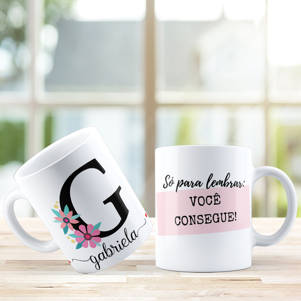 Caneca de Porcelana Personalizada Letra G Modelo: Floral com Frases