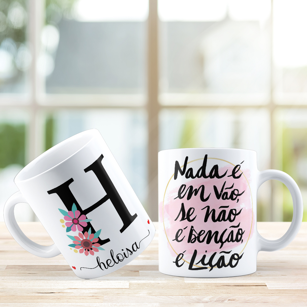 Caneca de Porcelana Personalizada Letra H Modelo: Floral com Frases