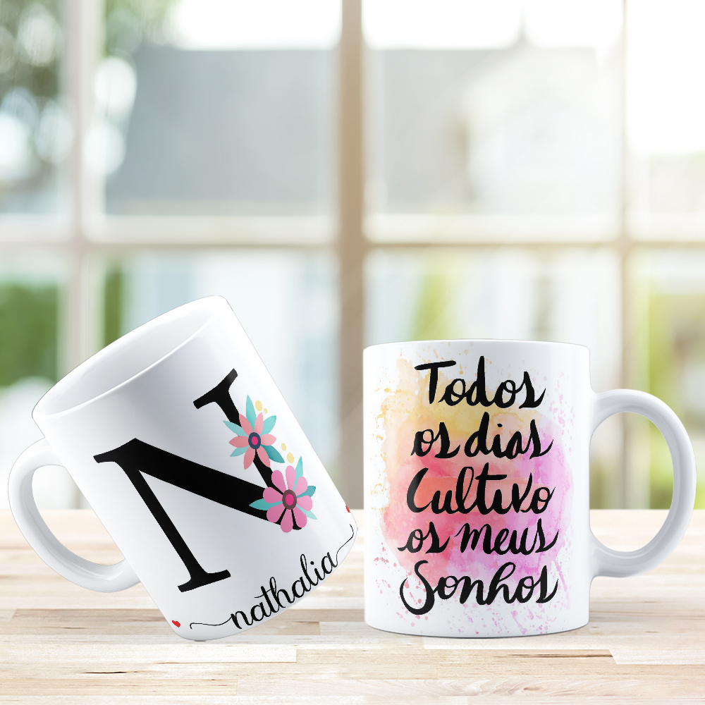 Caneca de Porcelana Personalizada Letra N Modelo: Floral com Frases