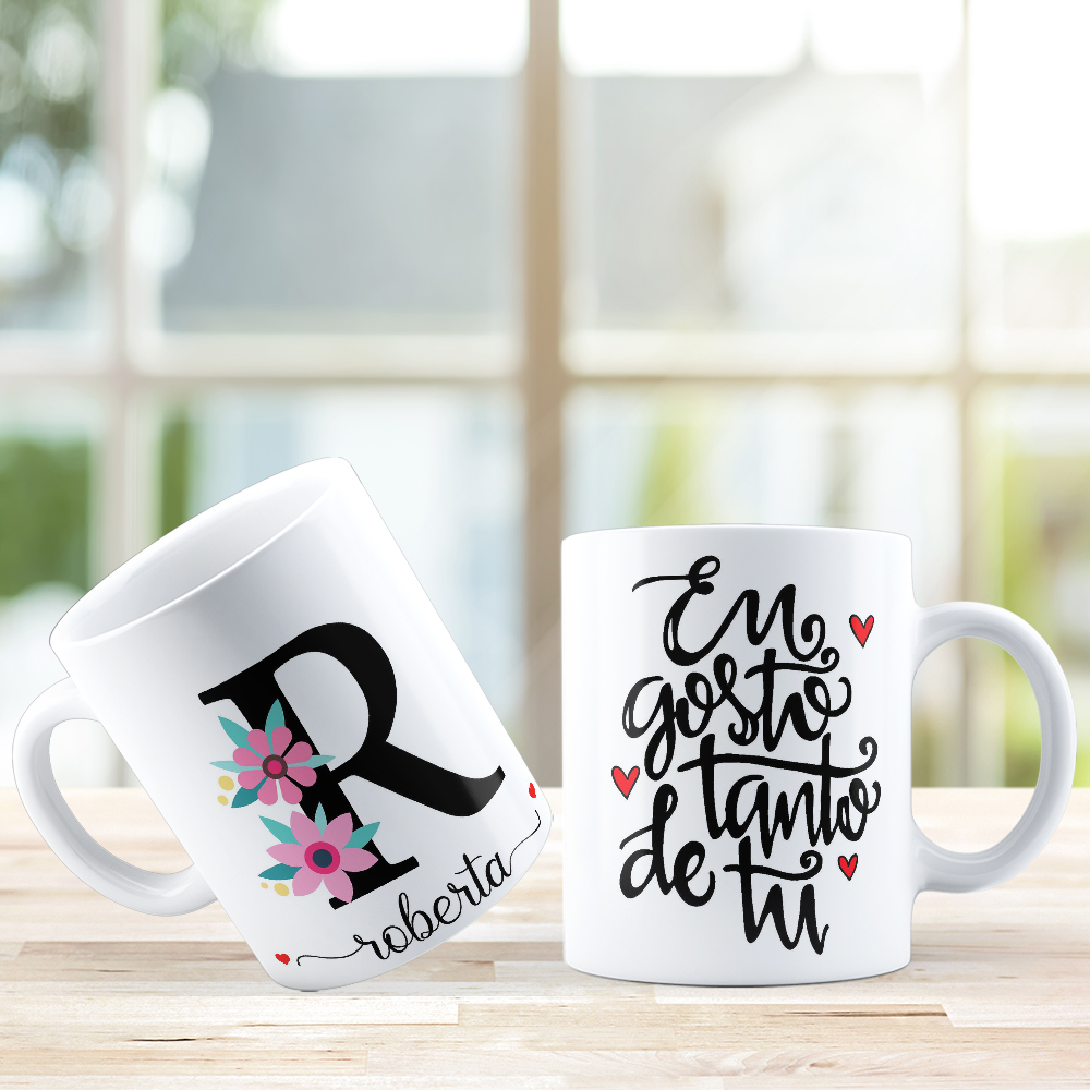 Caneca de Porcelana Personalizada Letra R Modelo: Floral com Frases