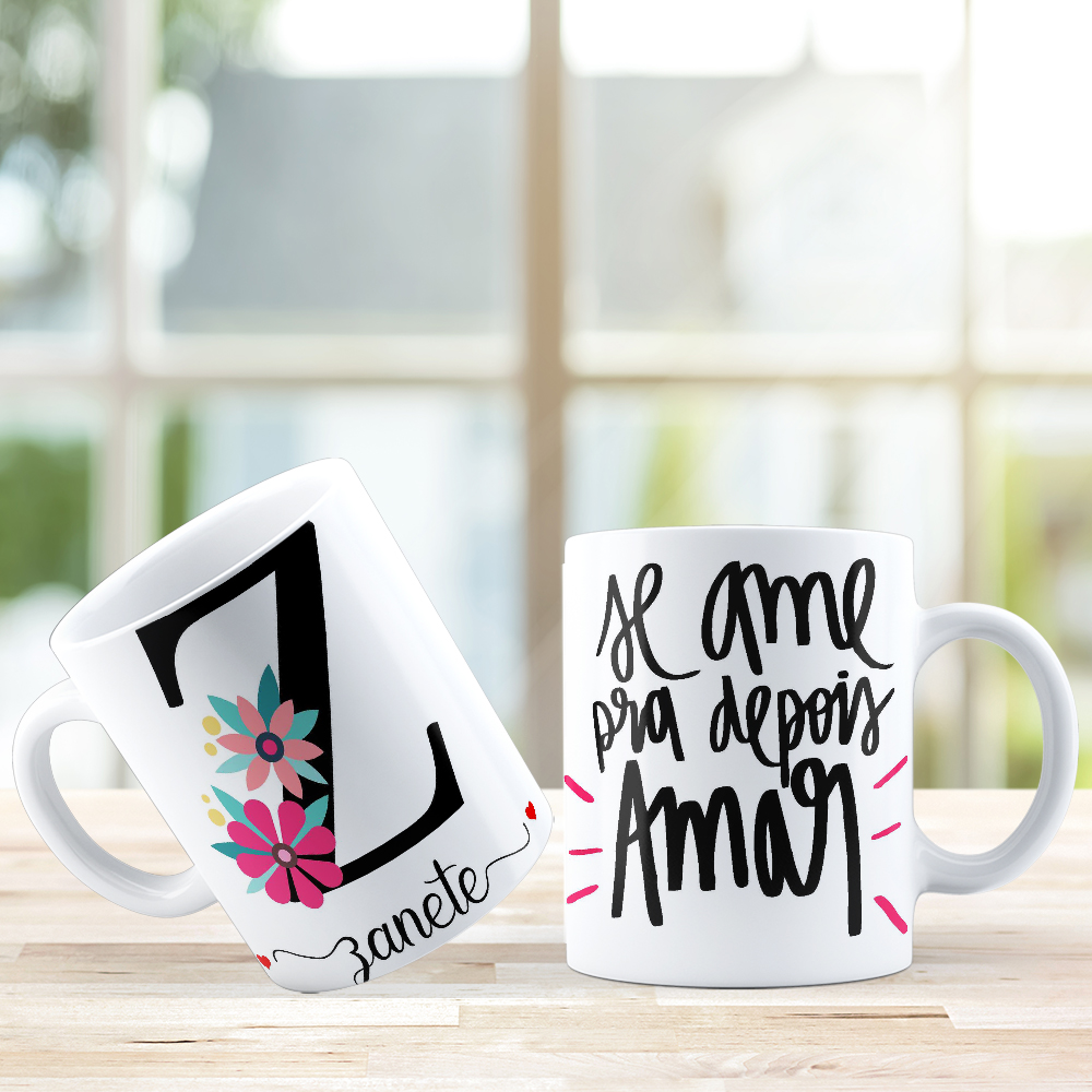 Caneca de Porcelana Personalizada Letra Z Modelo: Floral com Frases