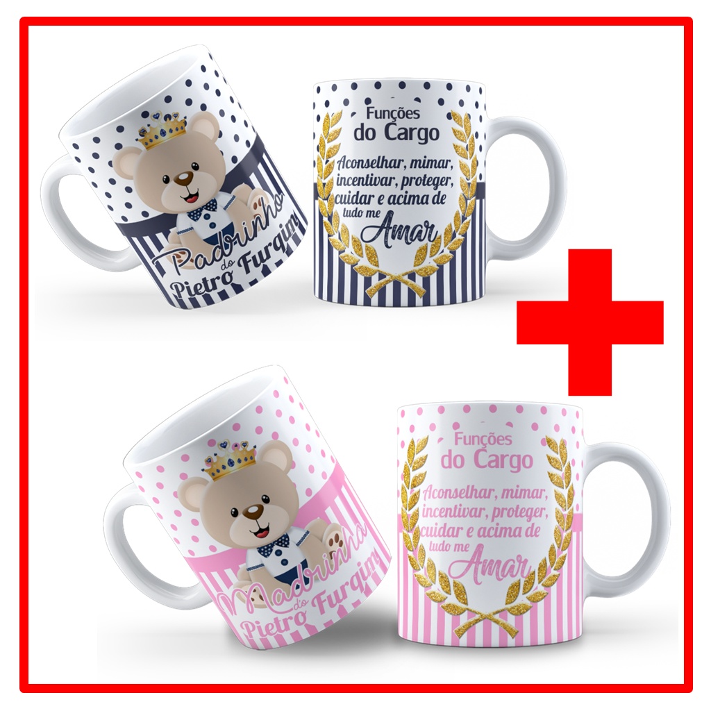 Kit 2 Canecas de Porcelana Personalizadas Dindo e Dinda - Modelo: 1