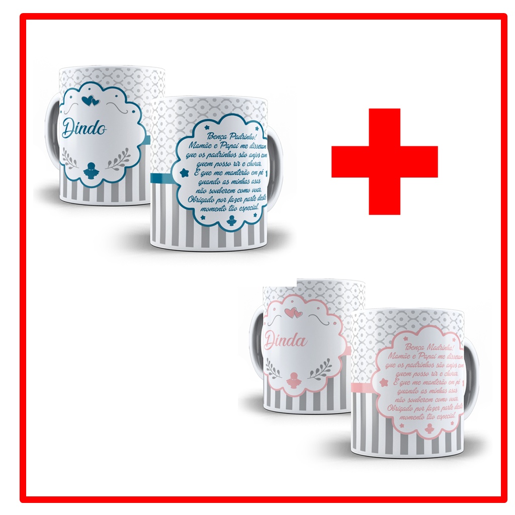 Kit 2 Canecas de Porcelana Personalizadas Dindo e Dinda - Modelo: 9