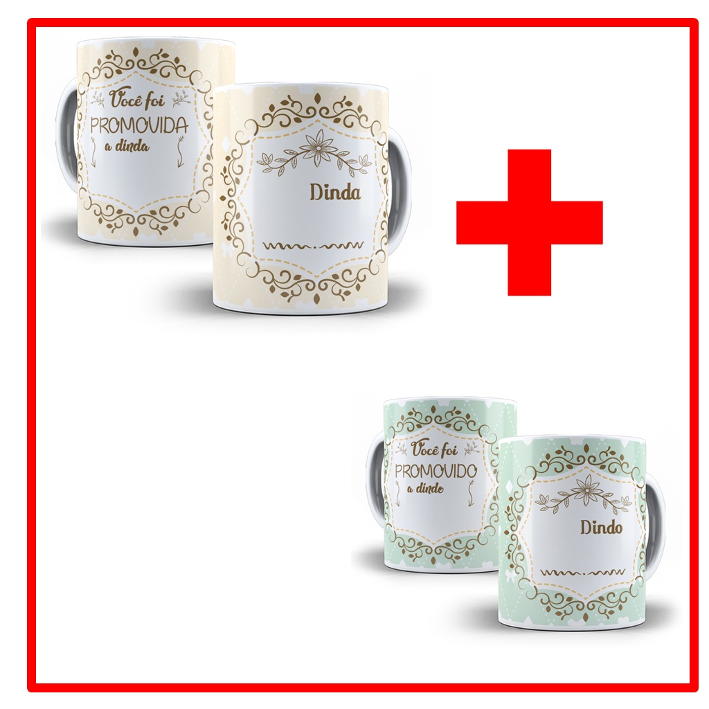 Kit 4 Canecas de Porcelana Personalizadas Dindo e Dinda - Modelo: 3
