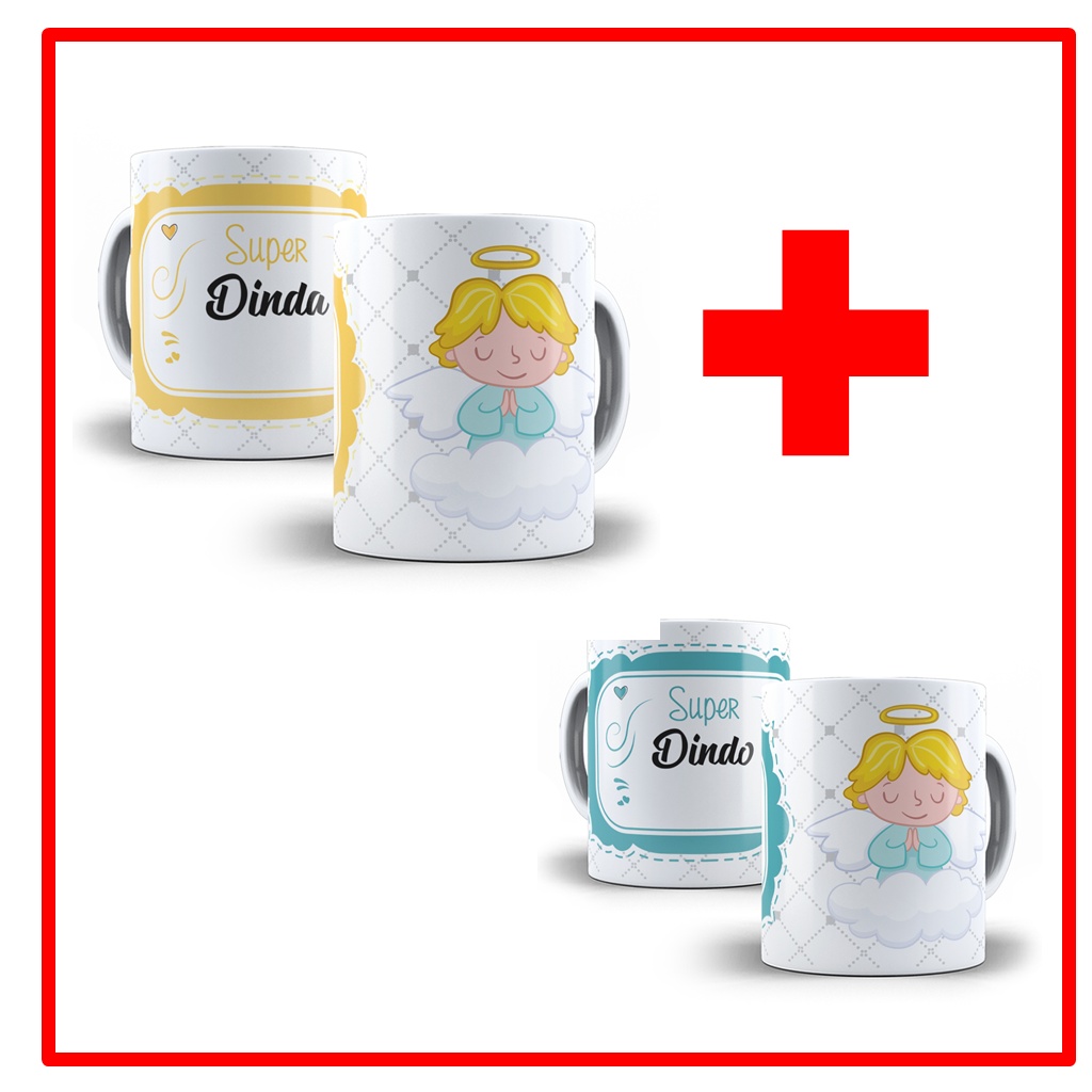 Kit 4 Canecas de Porcelana Personalizadas Dindo e Dinda - Modelo: 10
