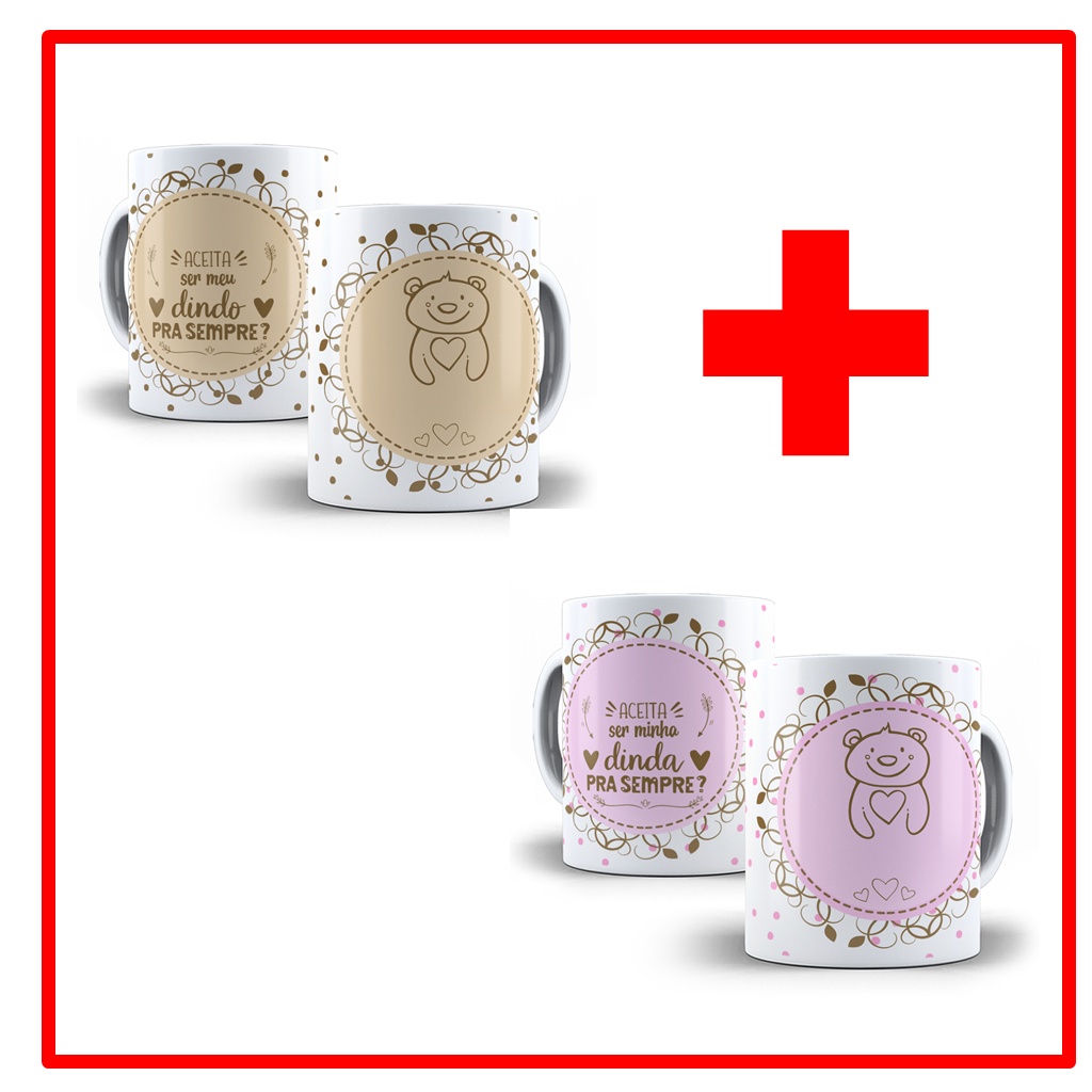 Kit 4 Canecas de Porcelana Personalizadas Dindo e Dinda - Modelo: 11
