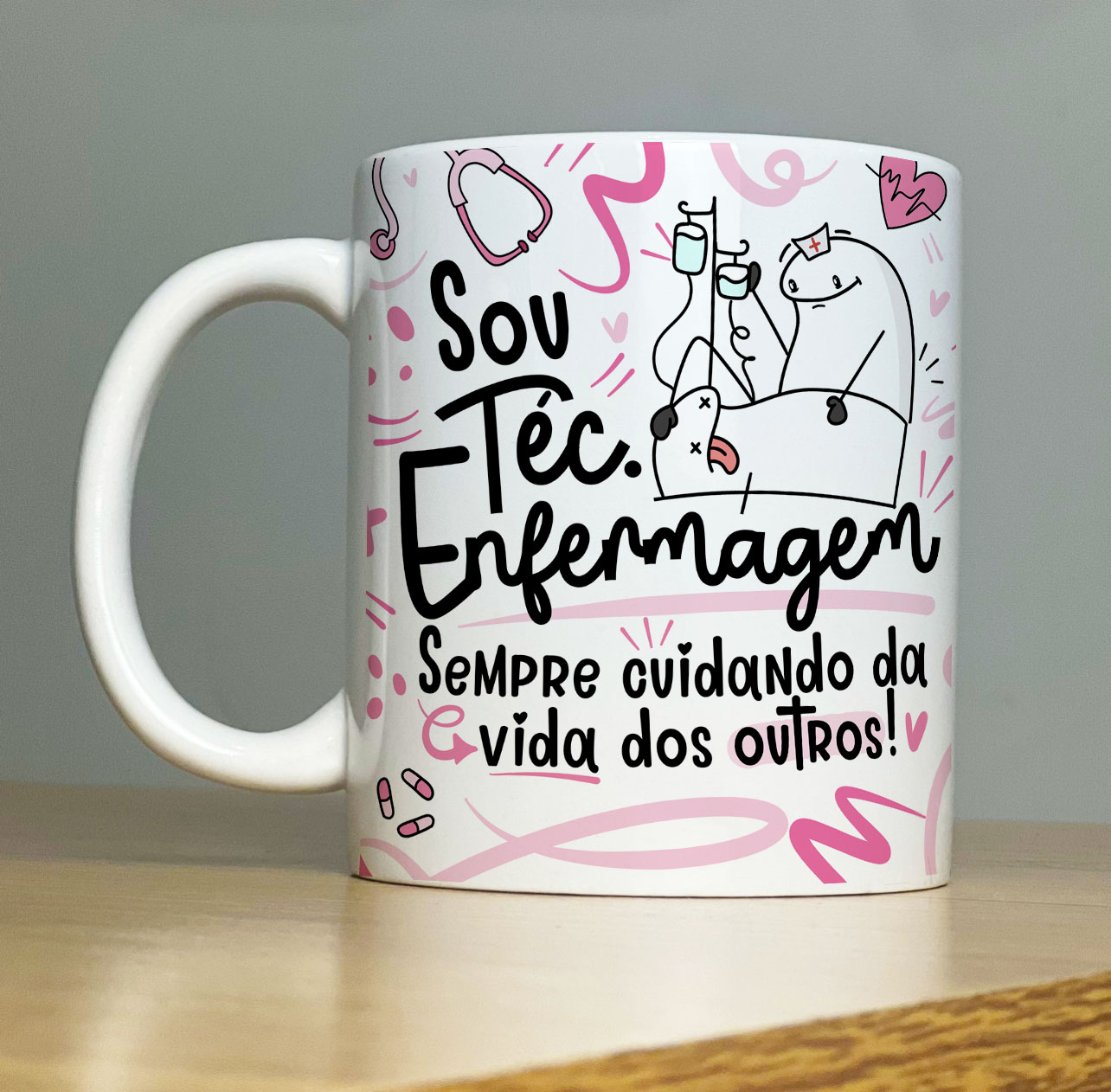 Caneca Personalizada de Porcelana – Profissão: Sou Técnica de enfermagem com Flork - cor: Rosa - 325ML